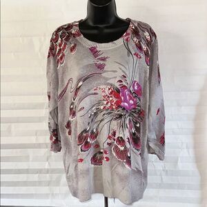 CD Daniels Women’s Pullover Sweater 2X Floral Pattern Crystal Accents Plus Size